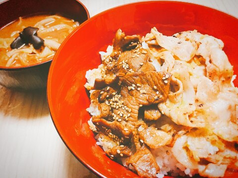 ネギ塩豚バラと甘辛豚こまで2種の贅沢豚丼！